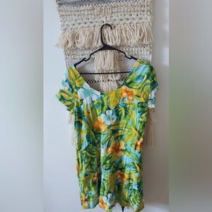 Jams World Floral Tropical Print Lace Up Back Hibiscus Print Dress Short Sleeve